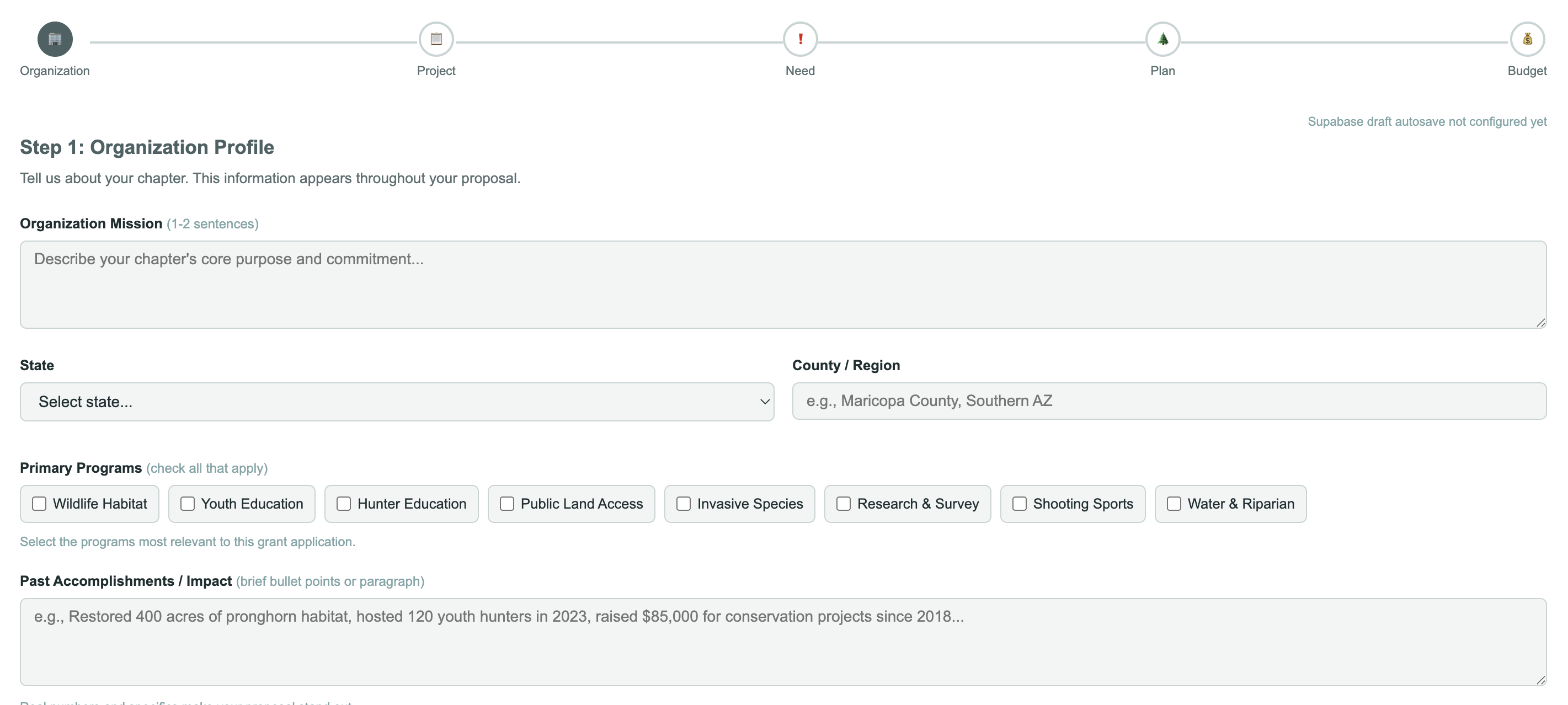 Grant Proposal Builder organization profile step